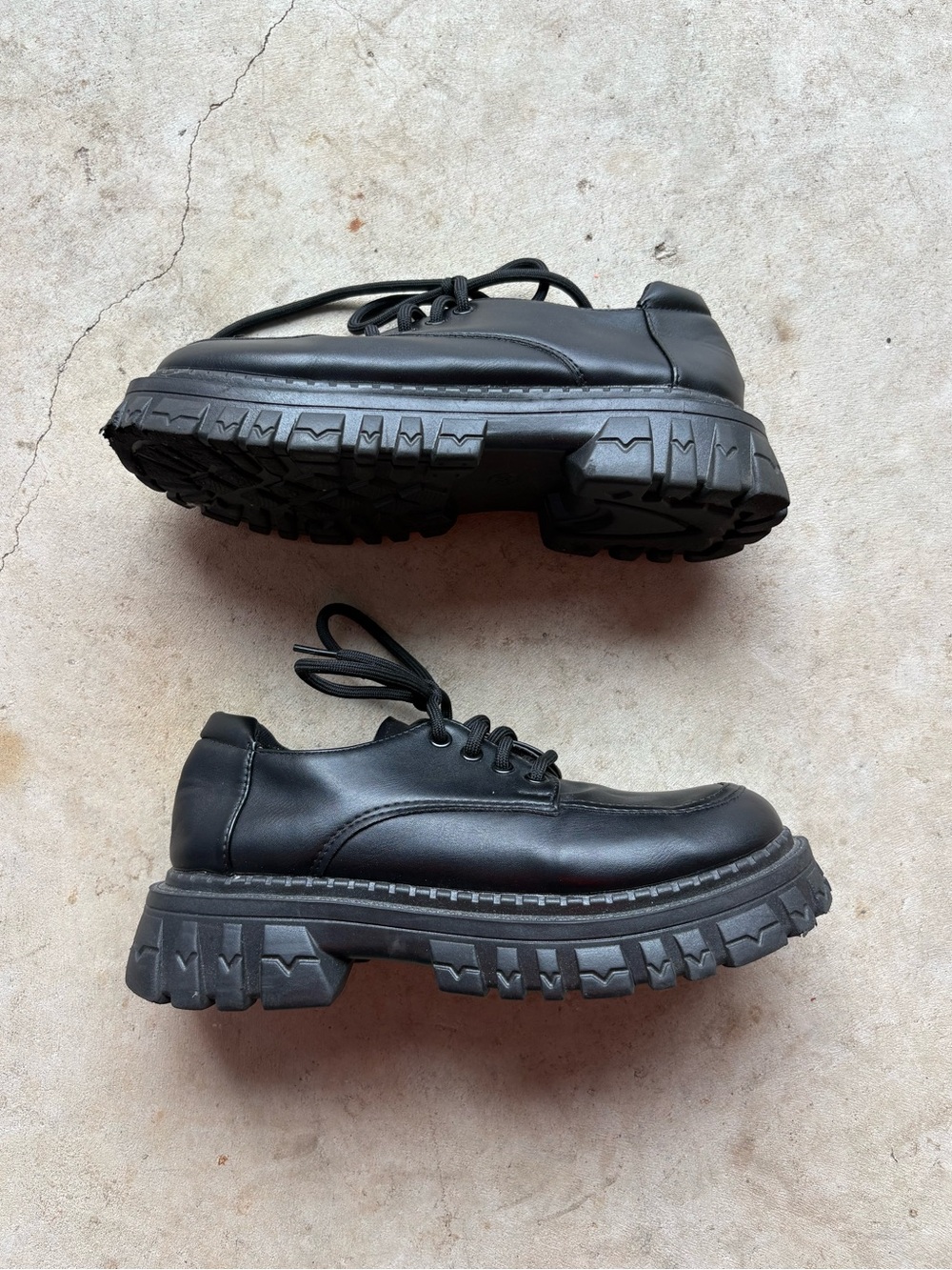 Black leather lace up platform shoes chunky sole